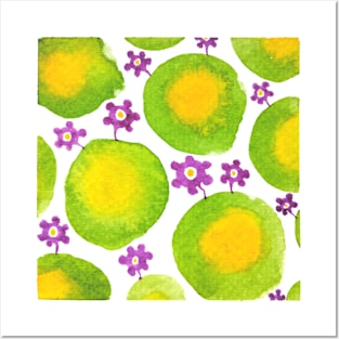 Green and yellow circles with violet flowers Posters and Art